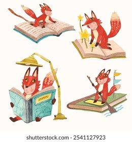 Red fox kid and book. children illustration. watercolor vector. animal cartoon. reading and education concept artwork.	
