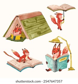 Red fox kid and book. children illustration. watercolor vector. animal cartoon. reading and education concept artwork.	
