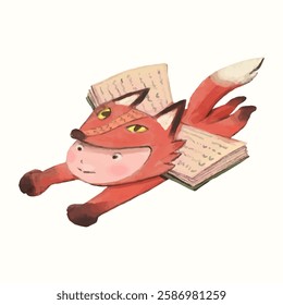 Red fox kid and book. children illustration. watercolor vector. animal cartoon. reading and education concept artwork.