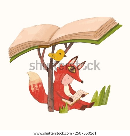 Red fox kid and book. children illustration. watercolor vector. animal cartoon. reading and education concept artwork.