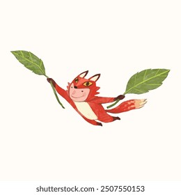 Red fox kid flying. children illustration. watercolor vector. animal cartoon.