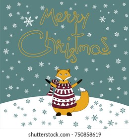 Red fox in a knitted sweater and a striped scarf staying on a hill greeting snow blizzard and a yellow neon Merry Christmas lettering with paws up