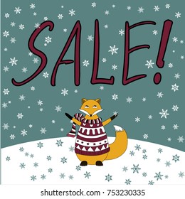 Red fox in a knitted sweater and a striped scarf staying on a hill greeting snow blizzard and a big Sale lettering with paws up
