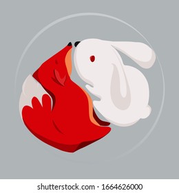 Red fox and little white rabbit in a circle