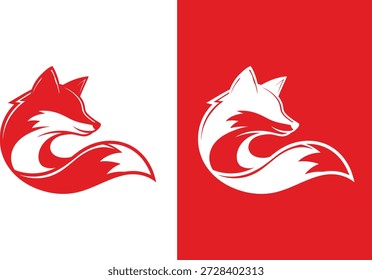 Red fox logo with elegant swirling tail on split backgrounds. A dynamic and artistic design featuring a unique silhouette.