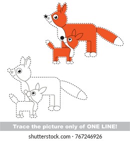Red Fox mother and her infant to be traced only of one line, the tracing educational game to preschool kids with easy game level, the colorful and colorless version.