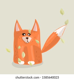 Red fox on a beige background with fall foliage in a cartoon style. Copy space. Autumn concept.