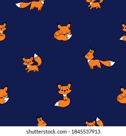 Red fox on blue backdrop, doodle seamless pattern for nursery. Cartoon vector illustration. Cute graphic blue background. Print for kids. Scandinavian design for little baby room.