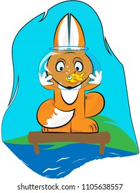 A red fox on the dock holds a round aquarium with a yellow fish