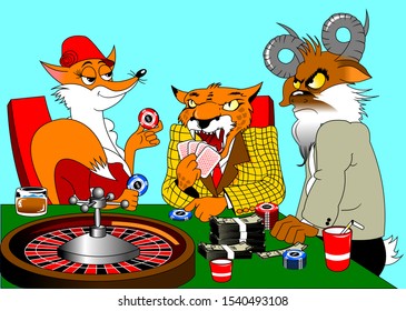 red fox, orange leopard and goat play poker in a casino