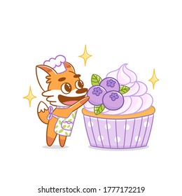 Red fox pastry chef in apron and cap decorates blueberry cake. Cute cartoon character isolated on white background. Vector image.