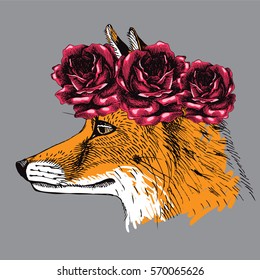 Red fox portrait in profile wearing a crown of roses. Hand drawn vector illustration for your design.