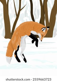 The red fox preys on mice hiding under the snow. The fox jumps into the snow on the field. Realistic vector vertical landscape