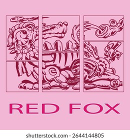 Ilustração do desenho da mão estilo robótico da raposa vermelha isolada no fundo rosa, ativo do jogo, ilustração robótica steampunk 