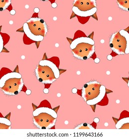 Red Fox Santa Claus on Pink Christmas Background. Vector Illustration.