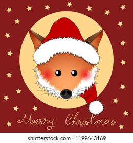 Red Fox Santa Claus on Red Christmas Greeting Card. Vector Illustration.