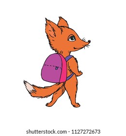 Red fox with school bag on shoulders, hand drawn doodle, sketch, vector color illustration