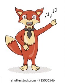 Red fox singing song with black tie. Cartoon illustration.