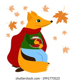 A red fox sits on a stump holding a jar of strawberry jam and looks at a maple leaf. The fairy-tale character is dressed in pants, a jacket and a raincoat. 