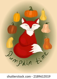 Red fox sitting with colorful vegetables around. Pumpkin time illustration for Halloween. Autumn vector postcard