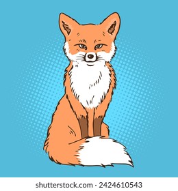Red fox sitting. Fluffy tail. Forest wild animal. Vector art illustration hand drawn