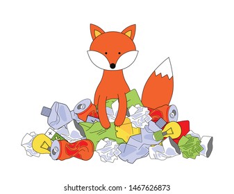 Red fox sitting in a pile of garbage. The problem of ecology and waste management. Plastic bottles, cans, paper, cups, batteries, bags, etc. Vector image on white background