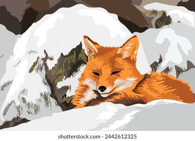 Red fox , sleep in snow, Sumava National Park, Bohemian Forest, Czech Republic, Europe , vector images of wild animals , sit, stand and hunt. Realistic vector carnivorous animal