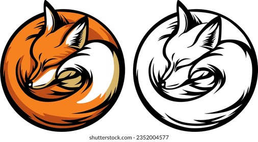 red fox sleeping curled up in a ring, vector drawing