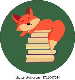 Red fox sleeping on a stack of books