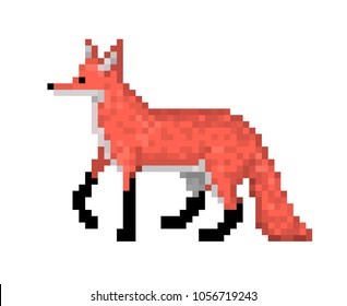Red fox standing on the ground, pixel art character isolated on white background. Wild animal. Old school 8 bit slot machine pictogram. Retro 80s; 90s video game graphics. Zoo/national park carnivore.