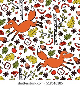 Red fox. Tree, acorn, leaves and berries. Apple. Seamless vector pattern (background).