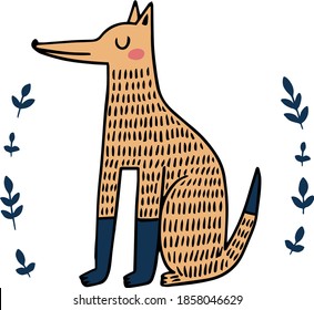 Red Fox vector folk illustration, wild animal. line art graphic, decorative icon