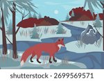 The red fox walks through a winter river and forests. Realistic vector landscape.