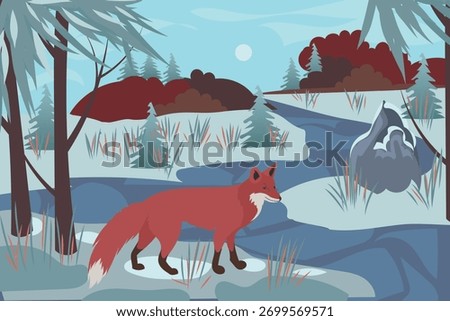 The red fox walks through a winter river and forests. Realistic vector landscape.