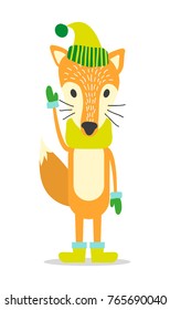 Red fox in warm hat, cozy scarf, wool mittens and comfortable winter boots isolated vector illustration. Christmas animal with big fluffy tail.