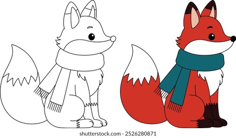 Red Fox Wearing a Scarf Outline Coloring Page. Christmas and Winter Illustration 