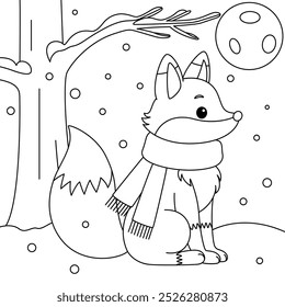 Red Fox Wearing a Scarf, Sitting By a Snowy Tree Outline Coloring Page. Christmas and Winter Illustration 