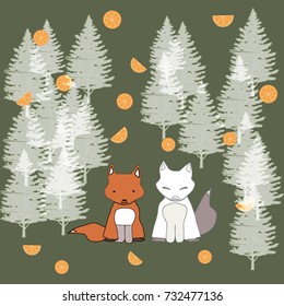 Red fox and white wolf with white Christmas tree and orange half cut on olive green background.Background for Christmas and winter theme.