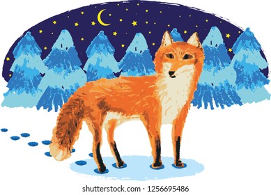 Red fox in winter snow forest at night. Oil pastel hand drawing fox illustration for print. Red fox in fairy forest vector postcard.