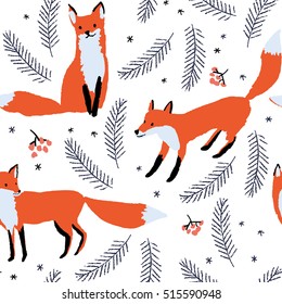 Red foxes, berries and spruce branches on the white snow background. Vector seamless pattern with wild forest animal. Winter xmas illustration.