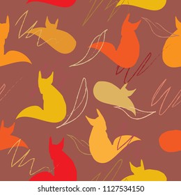 red foxes and bright foliage on the brown background. 