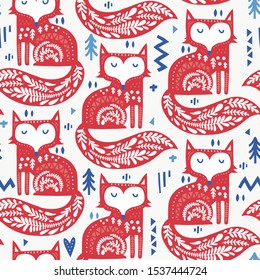 Red foxes flat color vector seamless pattern. Cartoon animals and blue trees on white background. Hand drawn wild beasts illustration. Textile, wallpaper, wrapping paper design idea