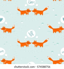 red foxes male female in love animals cartoon style seasonal winter romantic love seamless pattern on pastel mint background