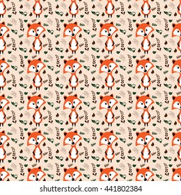 red foxes on a beige background with green and brown leaves and flowers, seamless pattern