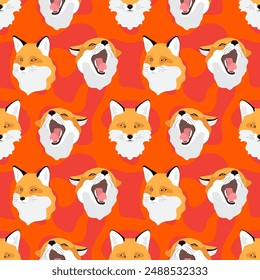 Red foxes on bright orange backround. Animal seamless animal pattern. Print, vector illustration