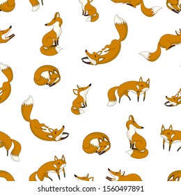 Red foxes play, sleep, sit, stand.  Seamless pattern.