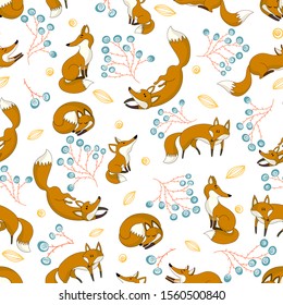 Red foxes play, sleep, sit, stand.  Seamless pattern.