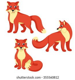 Red foxes sitting and standing on white background / There are some red foxes in cartoon style
