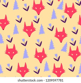 Red foxes in wood and flowers for your pattern