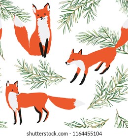 Red foxes in the woodland, green pine branches, white background. Vector seamless pattern with wild forest animal. Winter holiday xmas illustration. Cute season forest wrapping.